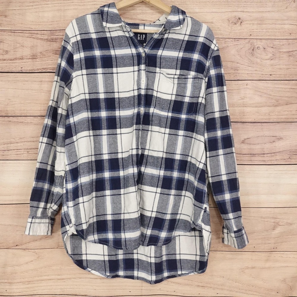 Gap Button-Up Womens L Blue Plaid Flannel Collared Long Sleeve Tunic Shirt Top